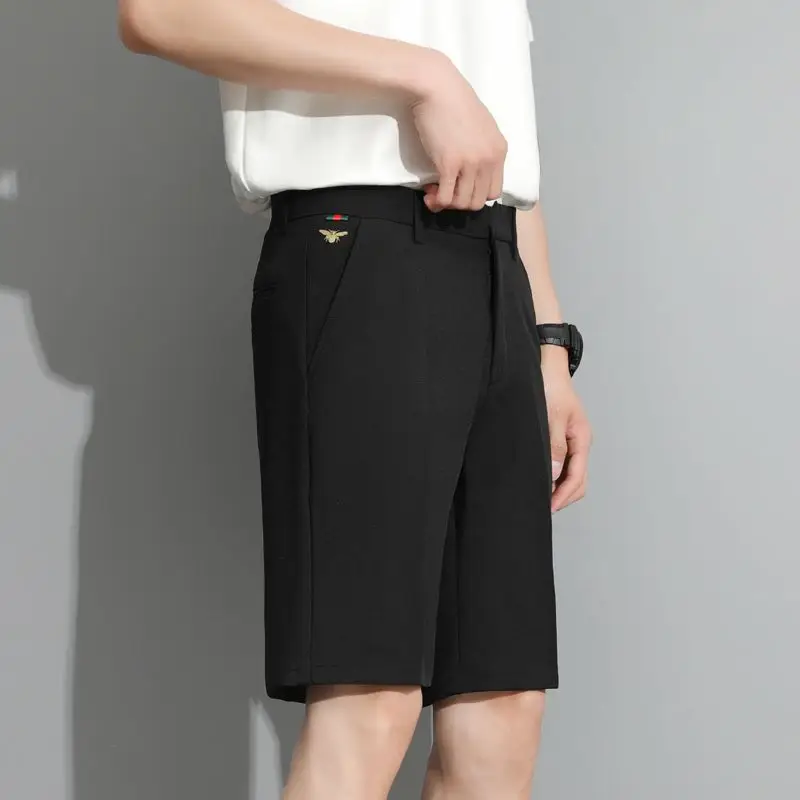Summer Fashion Men Suit Shorts Solid Zipper Pockets Little Bee Embroidery Korean Streetwear Casual Versatile Slim Short Pants