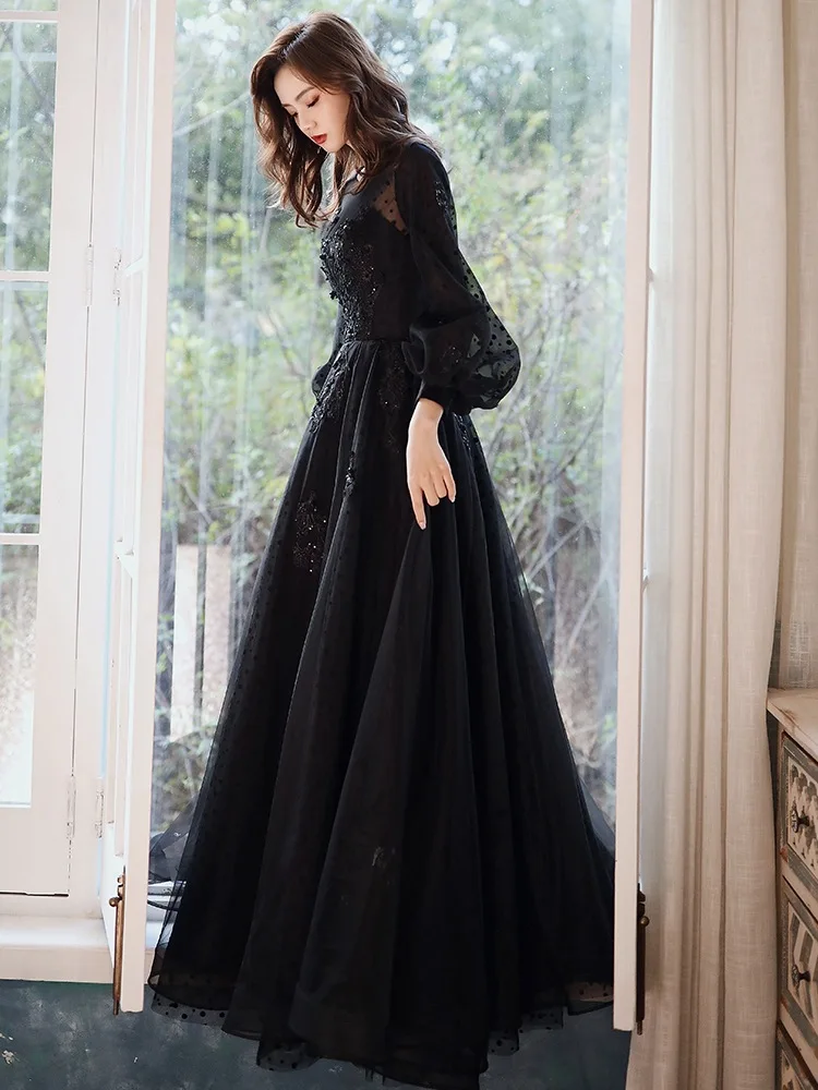 Black full sleeve lady girl women princess banquet party ball prom