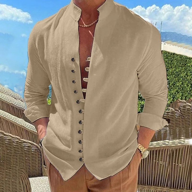New Style Men's Fall 11 Button Stand Collar Casual Long Sleeve Shirt Trend Retro Cotton Hemp High Quality Fashion Loose Single B 3