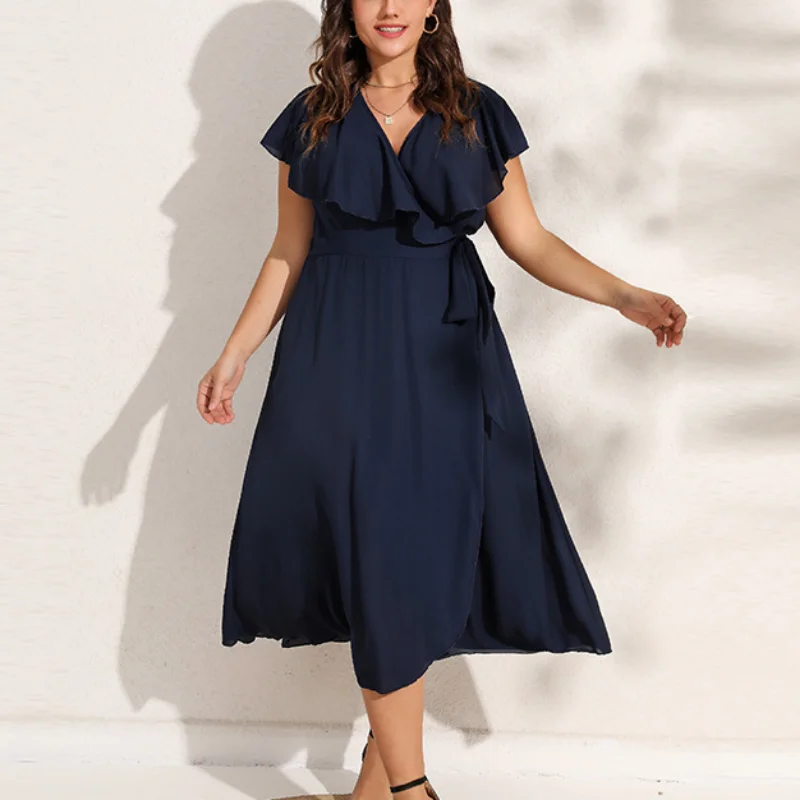 

Fashion V-Neck Solid Ruffle Sleeve Party Dress Casual Belt Chiffon Dress for Women Summer Office Lady Midi Dress Vestidos 28066