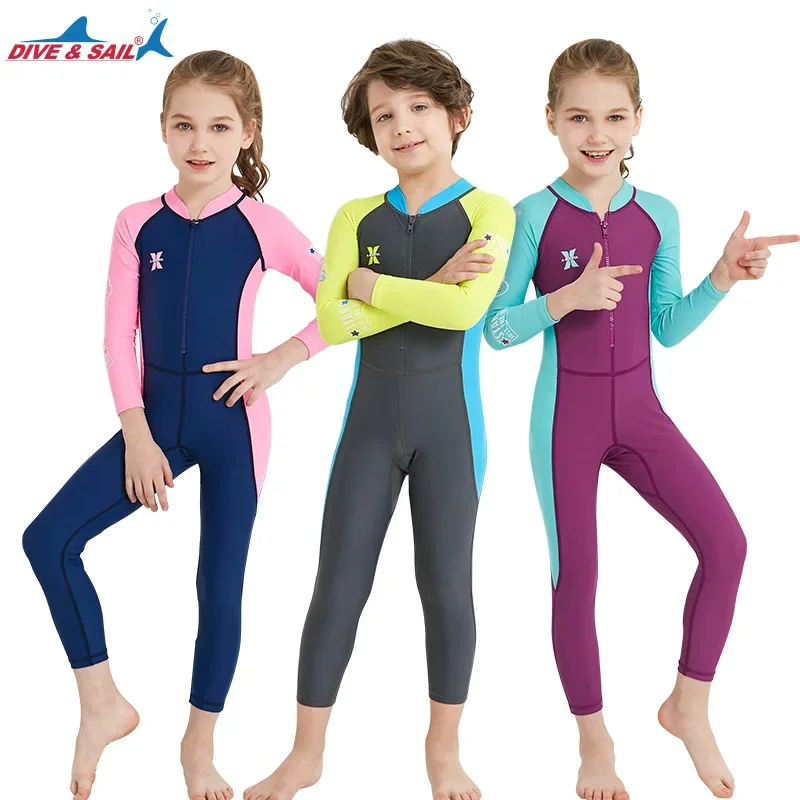 UPF50+ Children Diving Suit Kids Long-sleeve Spandex Anti-UV Thin Style Boys Girls Surfing Jumpsuit Swimwear Wetsuit Kayak 2