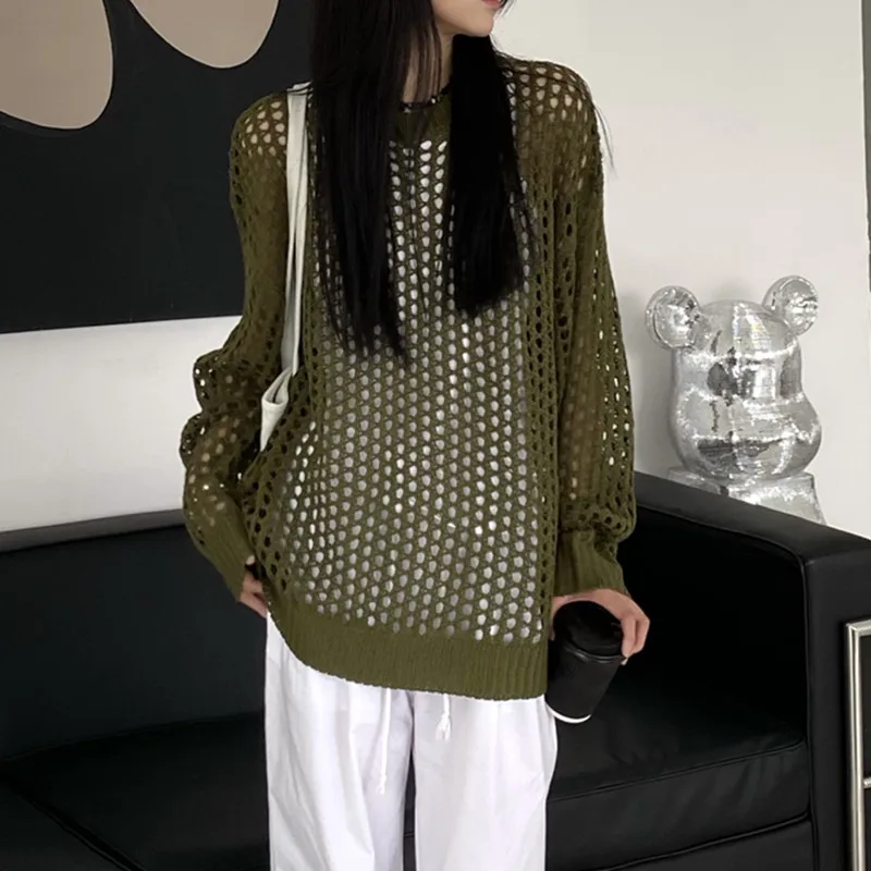 Autumn Fashion Women's Clothing Hollow Loose Crew Neck Women's Long Sleeve Top Casual Sweater Pullover Knitwear