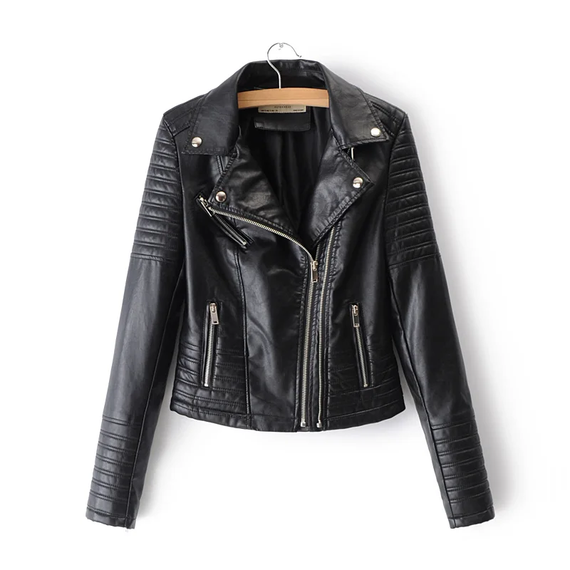 Fashion women's autumn winter motorcycle faux leather jacket ladies long sleeve motorcycle punk street wear black coat