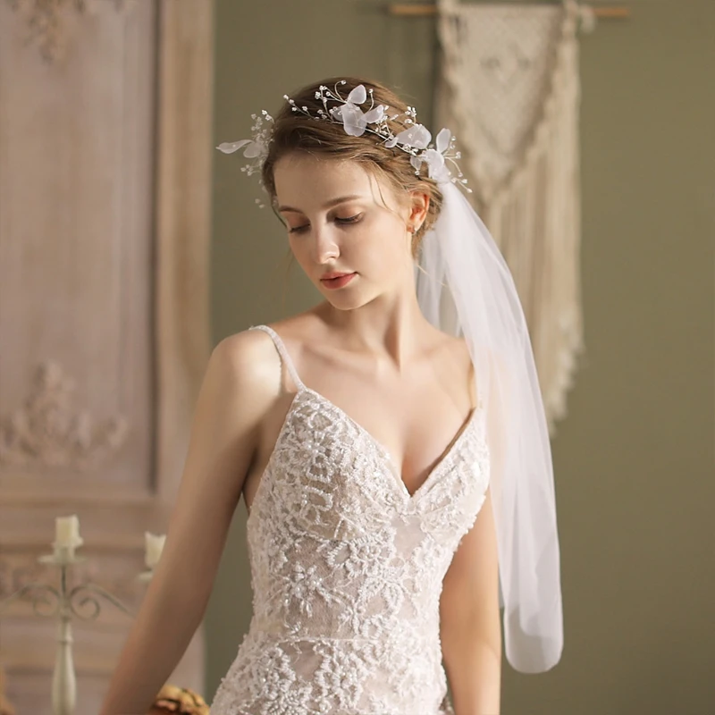 Bridal Veil Boho Flower Crown One Layer Cut Edge Tulle Petite Beads Decorated Loop Short Veils for Flower Girls bridal veil