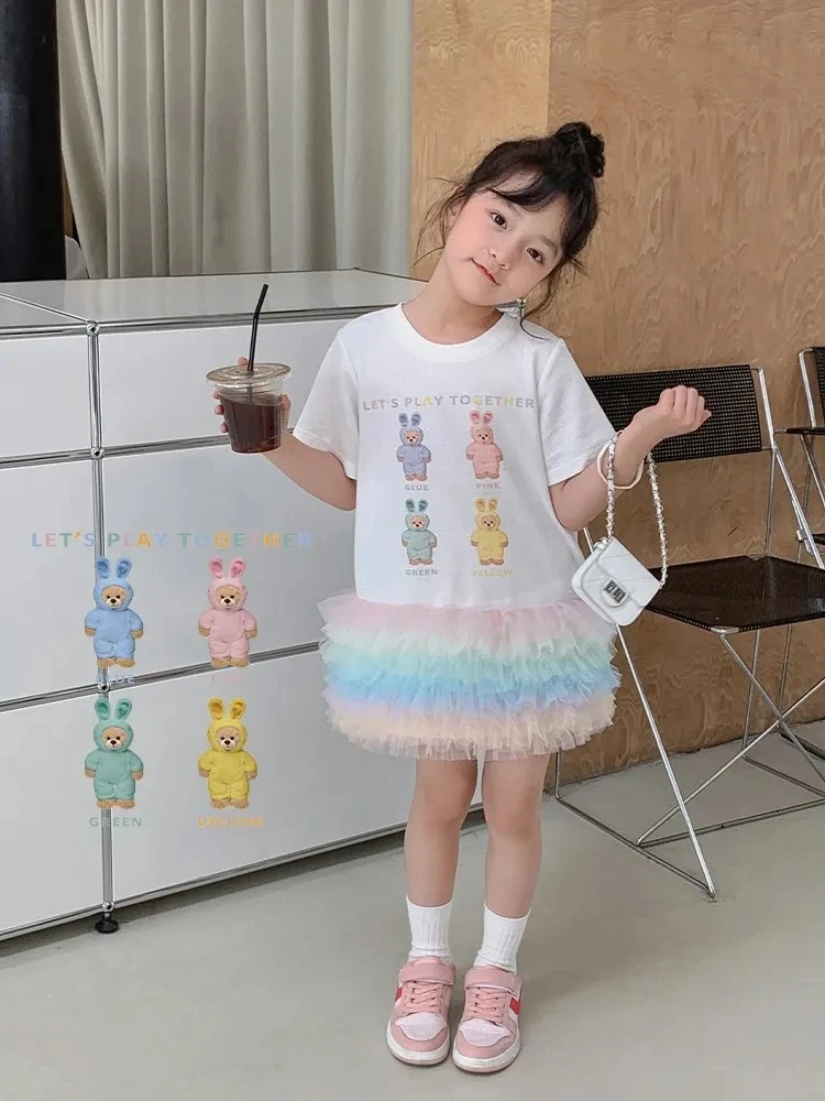2-10 Years Kids Summer Dresses for Girls Layered Cartoon Short