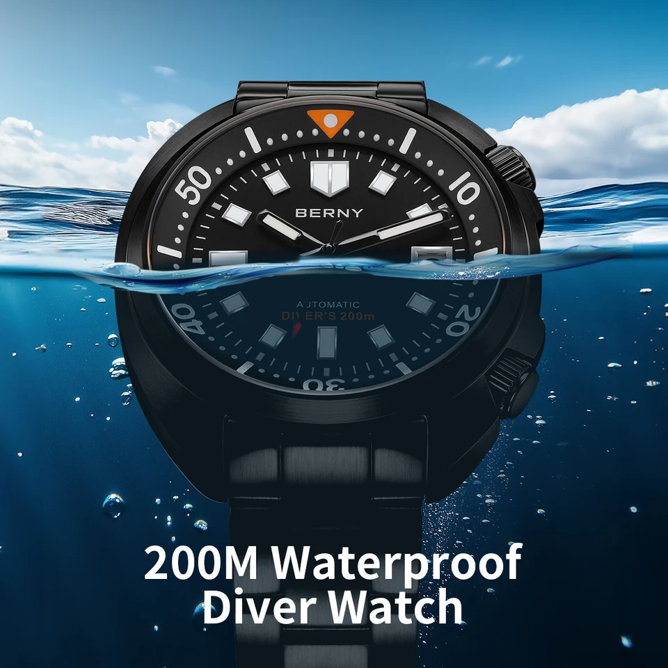 BERNY Orologi subacquei automatici da uomo 20ATM Orologio subacqueo meccanico super luminoso da uomo con zaffiro in acciaio inossidabile completo  1511