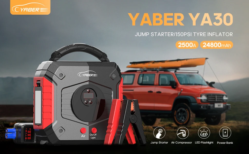 YABER Jump Starter 4 in 1 Pump Air Compressor 3000A 24800mAh PowerBank 12V Digital Tire Inflator 150PSI Battery Booster starting everstart jump starter