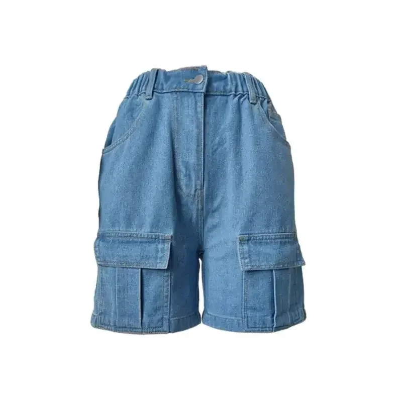 Women Elastic Waist Button Splicing Straight Denim Shorts Workwear Style Multiple Pockets Three Quarter Pants Female Mini Jeans