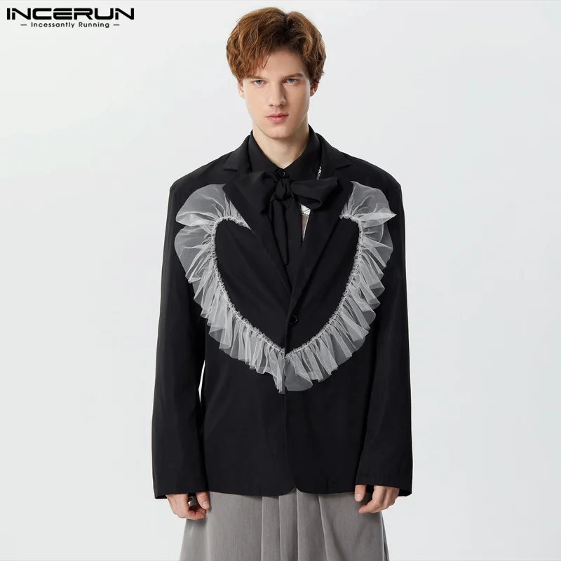 

American Style Handsome Men's Love Mesh Flounce Patchwork Design Suit Coats Fashion Long Sleeved Blazer S-5XL INCERUN Tops 2023