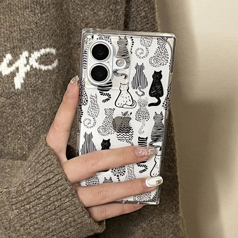 Cartoon Sketch Cats Pattern Right Angled Edge Case For iPhone 16 15 13 14 12 Pro Max Clear Phone Back Cover
