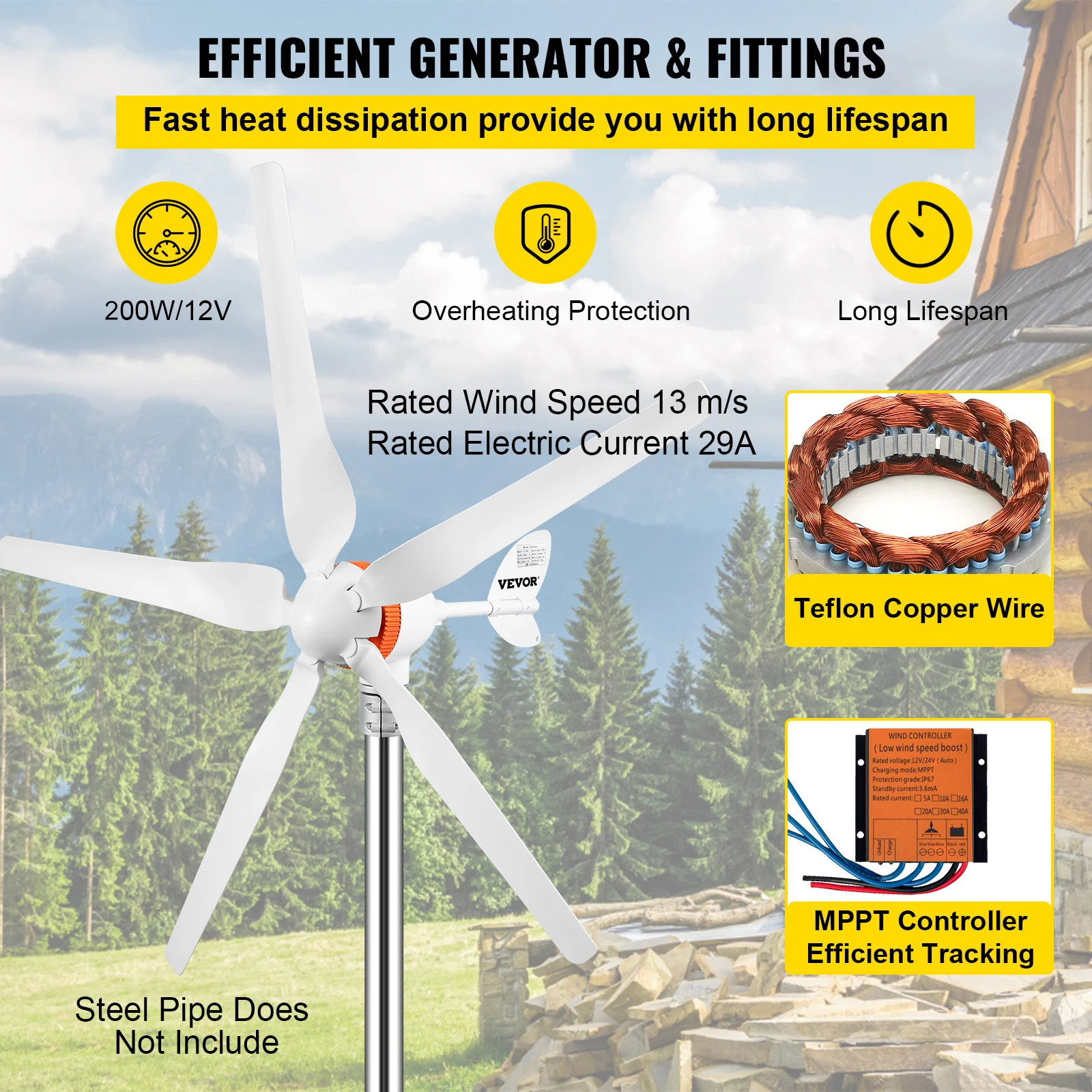 VEVOR vítr turbína vyvíječ 300W 400W 500W s mppt/charge regulátor větrný mlýn RV hon farma malý vítr vyvíječ domácí použít