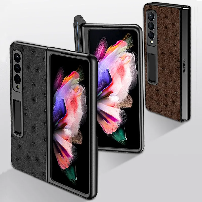 

Genuine Leather Case For Samsung Galaxy Z Fold 4 3 2 Fold4 Ostrich Litchi Grain Metal Magnetic Kickstand Holder Shockproof Cover