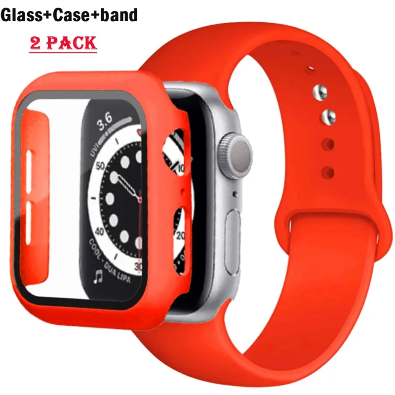 

Glass+Case+Strap For Apple Watch band 44mm 45mm 42mm 41mm 40mm 38mm Silicone watchband bracelet iWatch series 9 8 7 SE 6 5 4 3