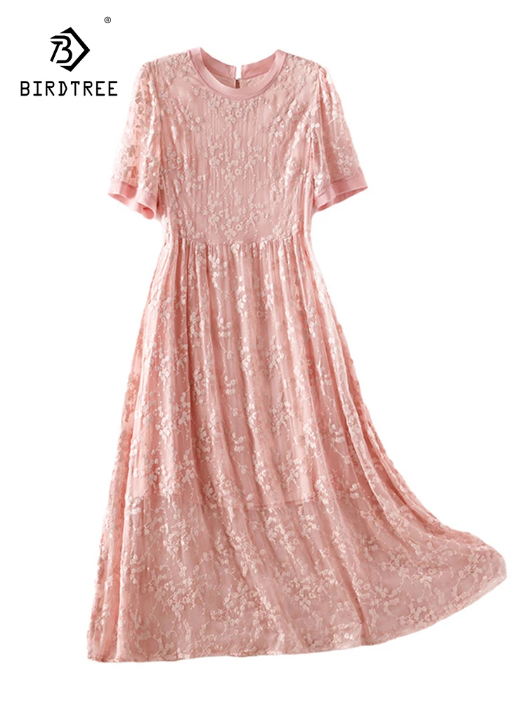 

Birdtree 100%Mulberry Silk Gentle Embroidered Dress Temperament Eeducing Age Loose Fitting Slimming Dress For Women D3N187QC