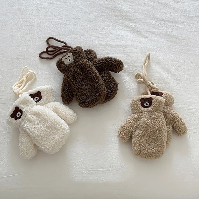 Gants en peluche mignons pour bébé, ours coréen brodé, mitaines d'hiver épaisses et chaudes en cachemire pour enfants, gants à doigts complets