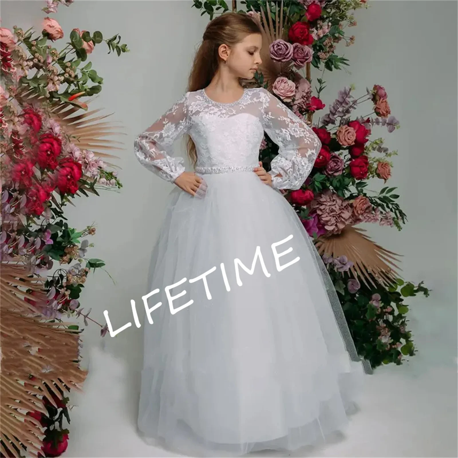 

Simple White Flower Girl Dress Sparkling Pearls Beading For Wedding 2023 Princess A-Line Lace Long Sleeves First Communion Gown