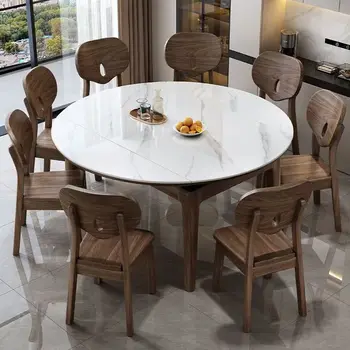Extendable Modern Round Solid Wood Dining Set 5
