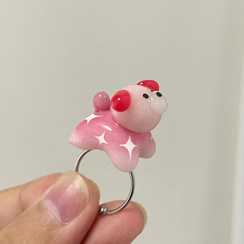 

New 2023 Fashion Cute Pink Dog Open Ring Punk Gothic Ring Banquet Jewelry Accessories Gift