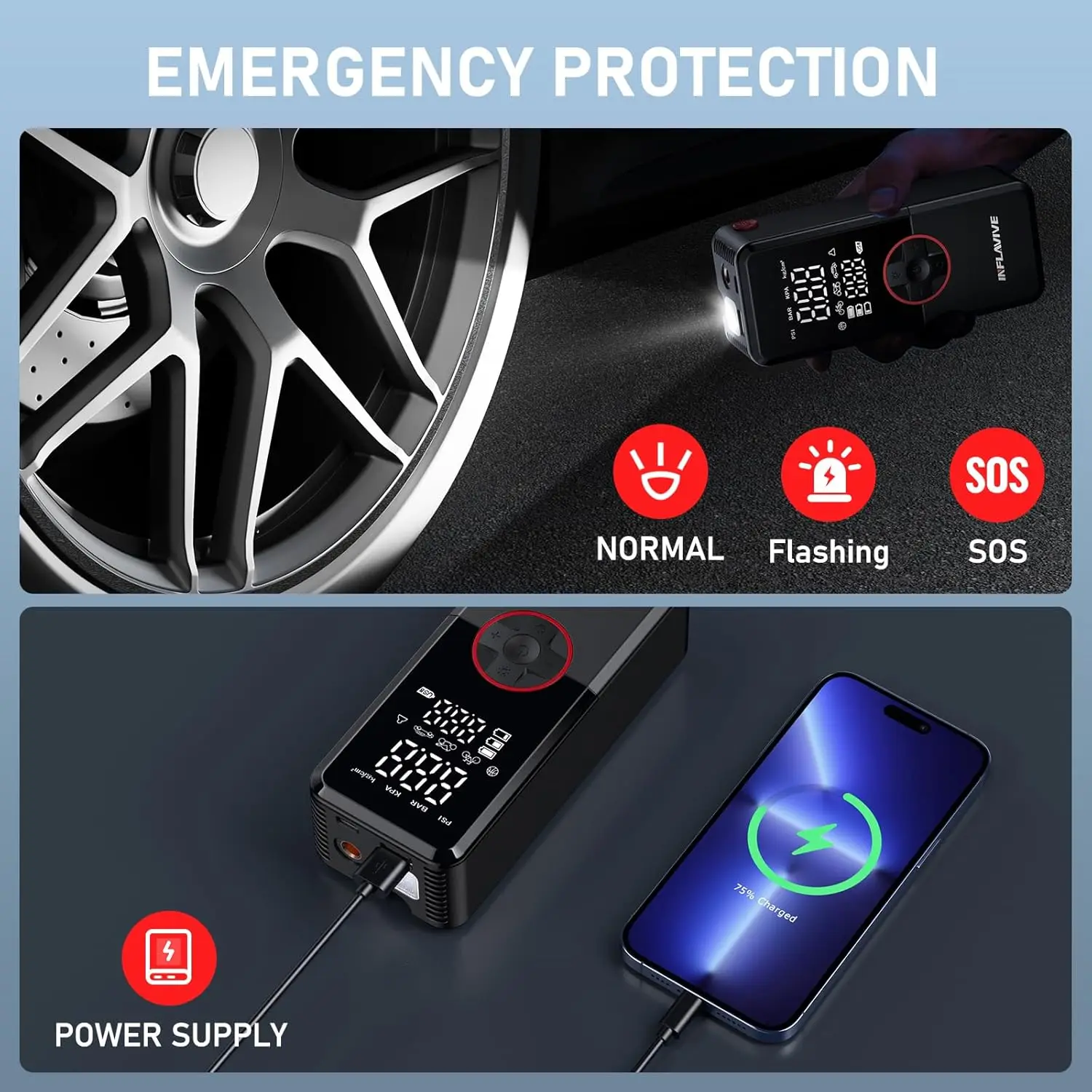 Portable Cordless Air Compressor, 150PSI Digital Gauge with Auto Shut-Off and LED Light for Car, SUV, Motorcycle, Bike Tires