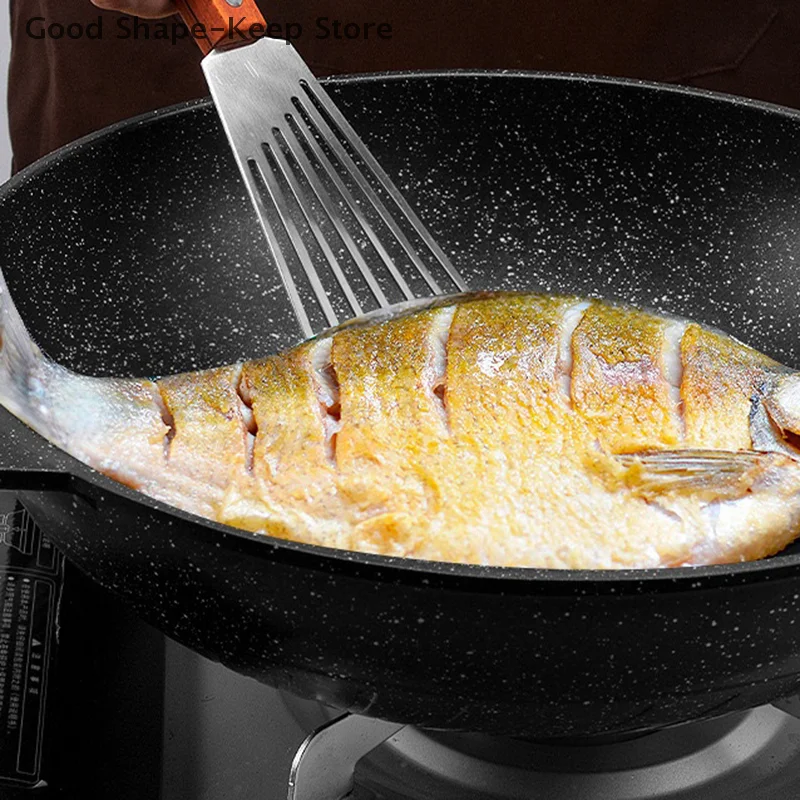 1PC Stainless Steel Cooking spatula Fish Frying Shovel With Wooden Handle Fan-shaped Shovel Household High-temperature Shovel 2
