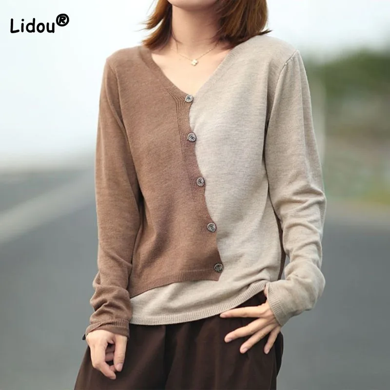 Autumn Winter Fashion Button Asymmetrical Spliced Sweaters for Female Korean Long Sleeve V-Neck Knitted Tops Women's Clothing