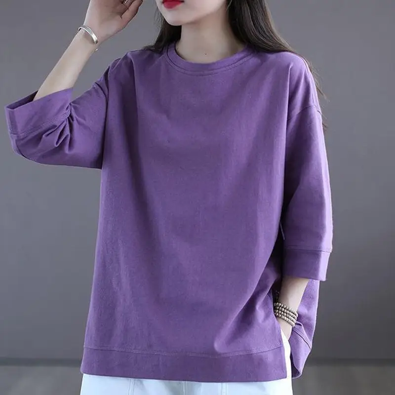 Seven-quarter Sleeve T Shirt Women Split Purple Base Shirt Women's Casual Retro Art Top Fashion 274