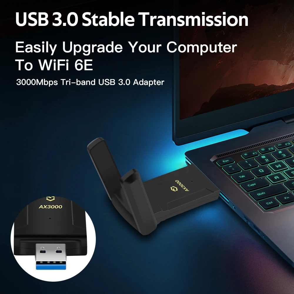WiFi 6E AX3000 USB Adapter Tri-Band Wireless Dongle 2.4G/5G/6GHZ High Gain Antenna WiFi Receiver For PC/Laptop Win7/10/11