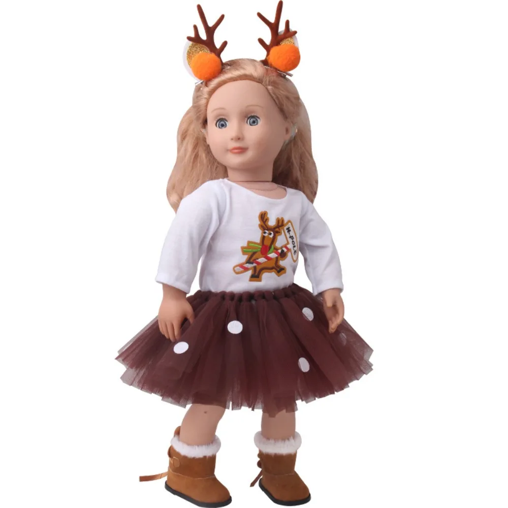 

Christmas Suit American Doll Clothes Dress Set Two Elk Hairpins Doll Dresses 18 Inch Long Sleeved Colorful