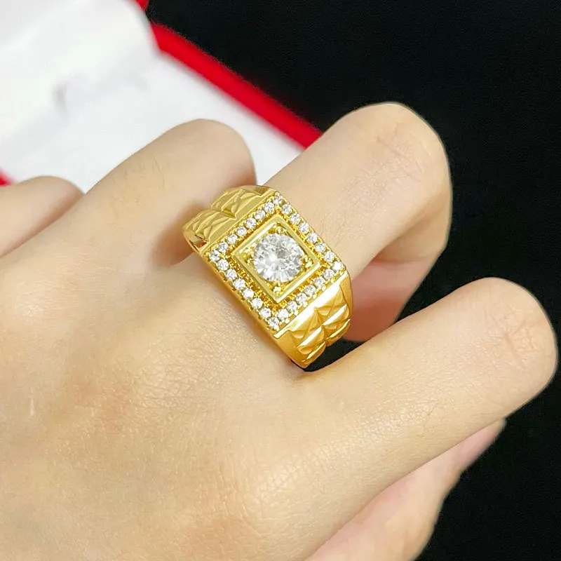 Light luxury 24K real gold jewelry inlaid with zircon rice flowers opening men and women au9999 gold ring fashion