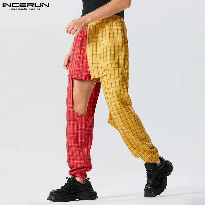 INCERUN 2023 American Style New Men's Trousers Personalized Hollowed Out Plaid Long Pants Casual Male Patchwork Pantalons S-5XL