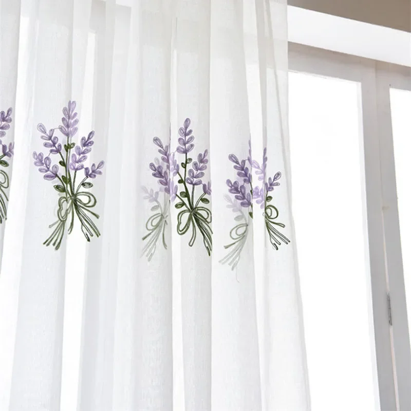 French Pastoral Curtains Purple Lavender Embroidery Tulle For Living Room Bedroom Pink Flower Curtain For Kitchen Home Decor window curtains decor curtains embroidered curtains
