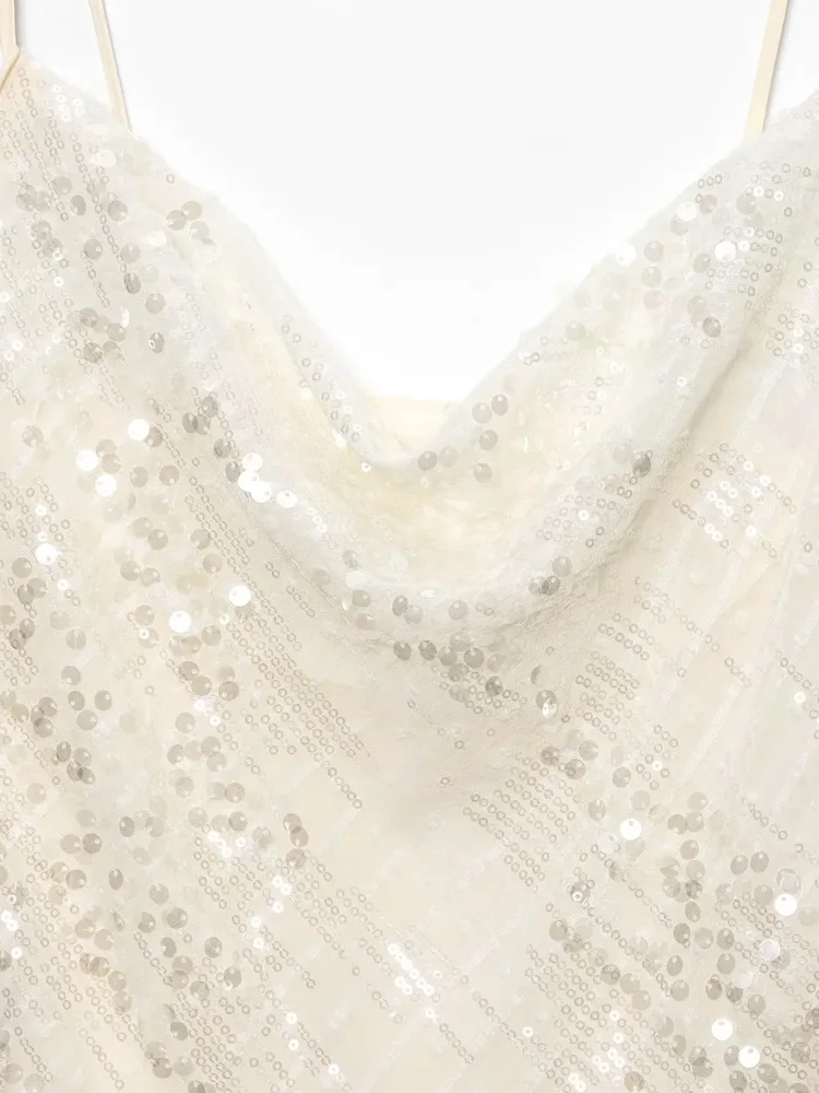 HXAO Slip Perlen Damen Kleider Rüschen Tüll Kurze Kleider Ärmellose weiße Damenbekleidung Rückenfreie Damen Midi Kleidung – Detail 5