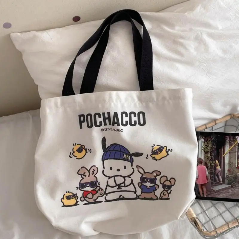 

Kawaii Sanrio Hellokitty Kuromi Mymelody Cinnamoroll Pochacco Canvas Handbag Printed Shoulder Bag Cartoon Shopping Bag for Girl