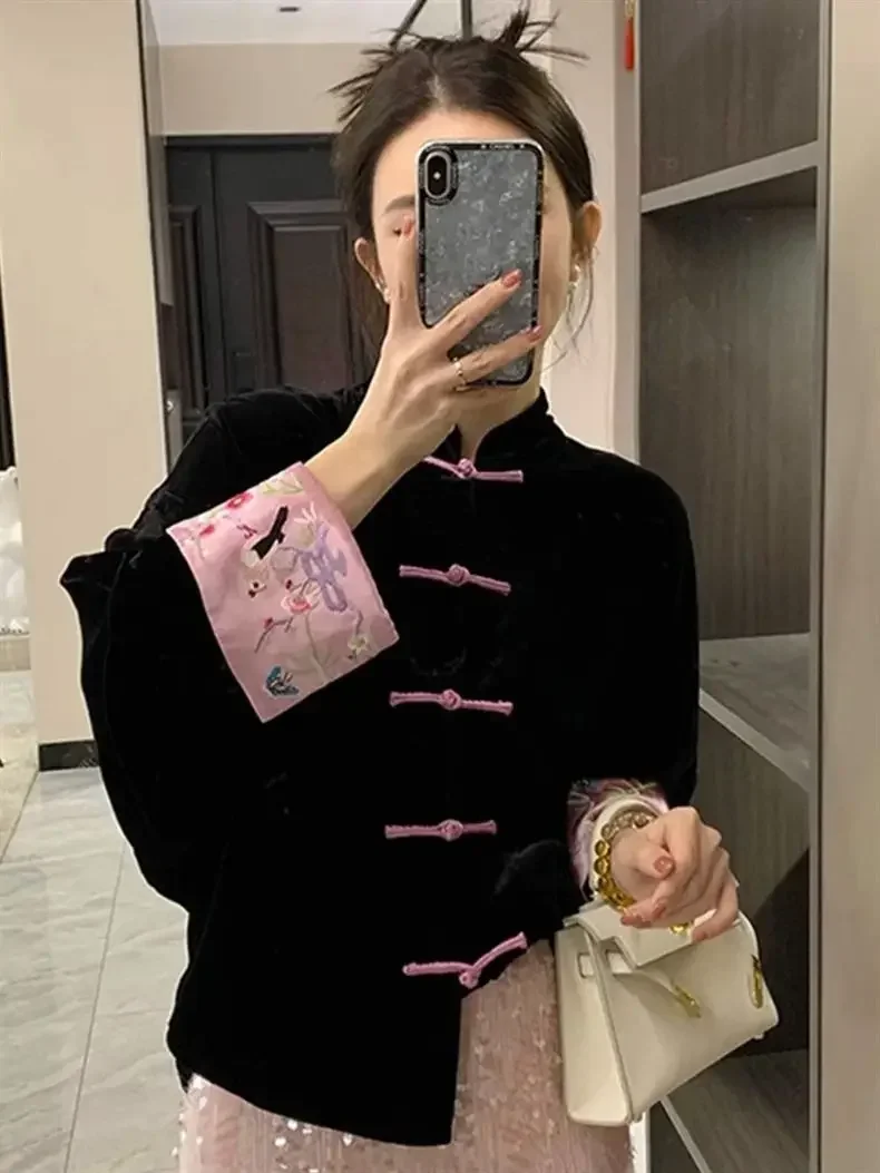 Chinese Style Blouse Embroidered Coat women's Spring Autumn Black Buckle Retro Velvet shirt + pink Skirt Tangsuits Top