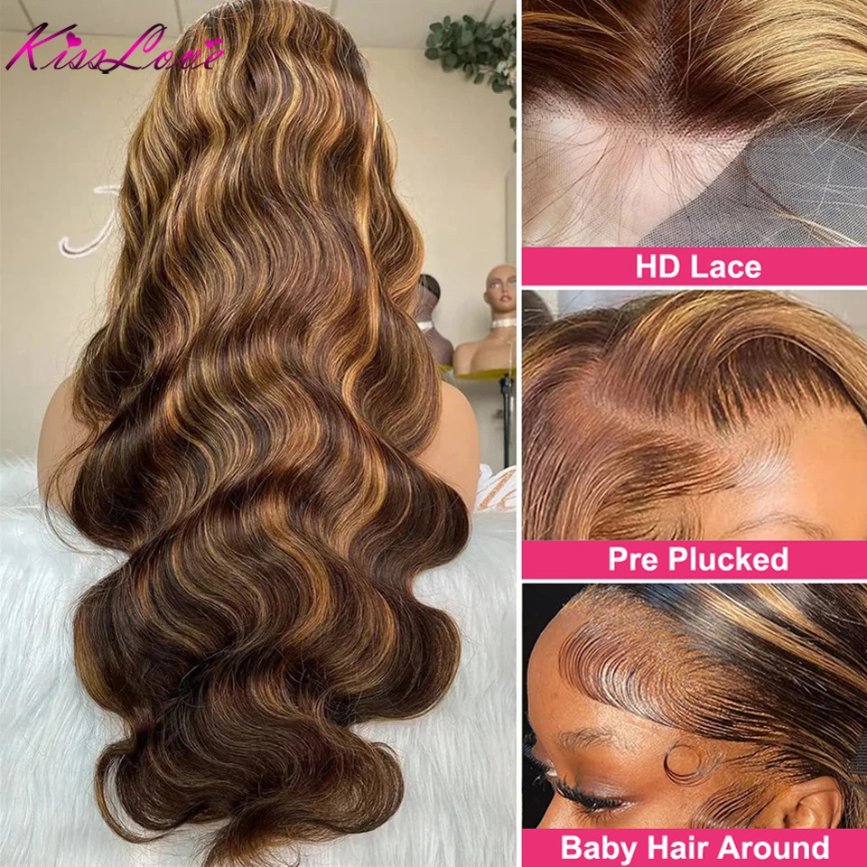 Msgem Highlight Lace Front Perücke – 100% Brasilianisches Echthaar, 14 Zoll, Body Wave, Farbe 4/27 Ombré