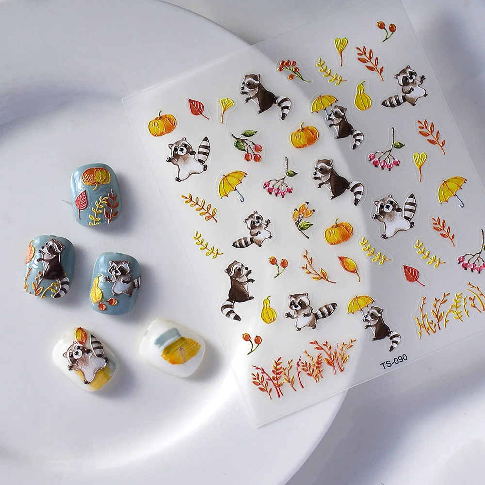 Raccoon Animals 5D Nail Sticker Faux Ongle Transfer Sliders Nail Wraps 2