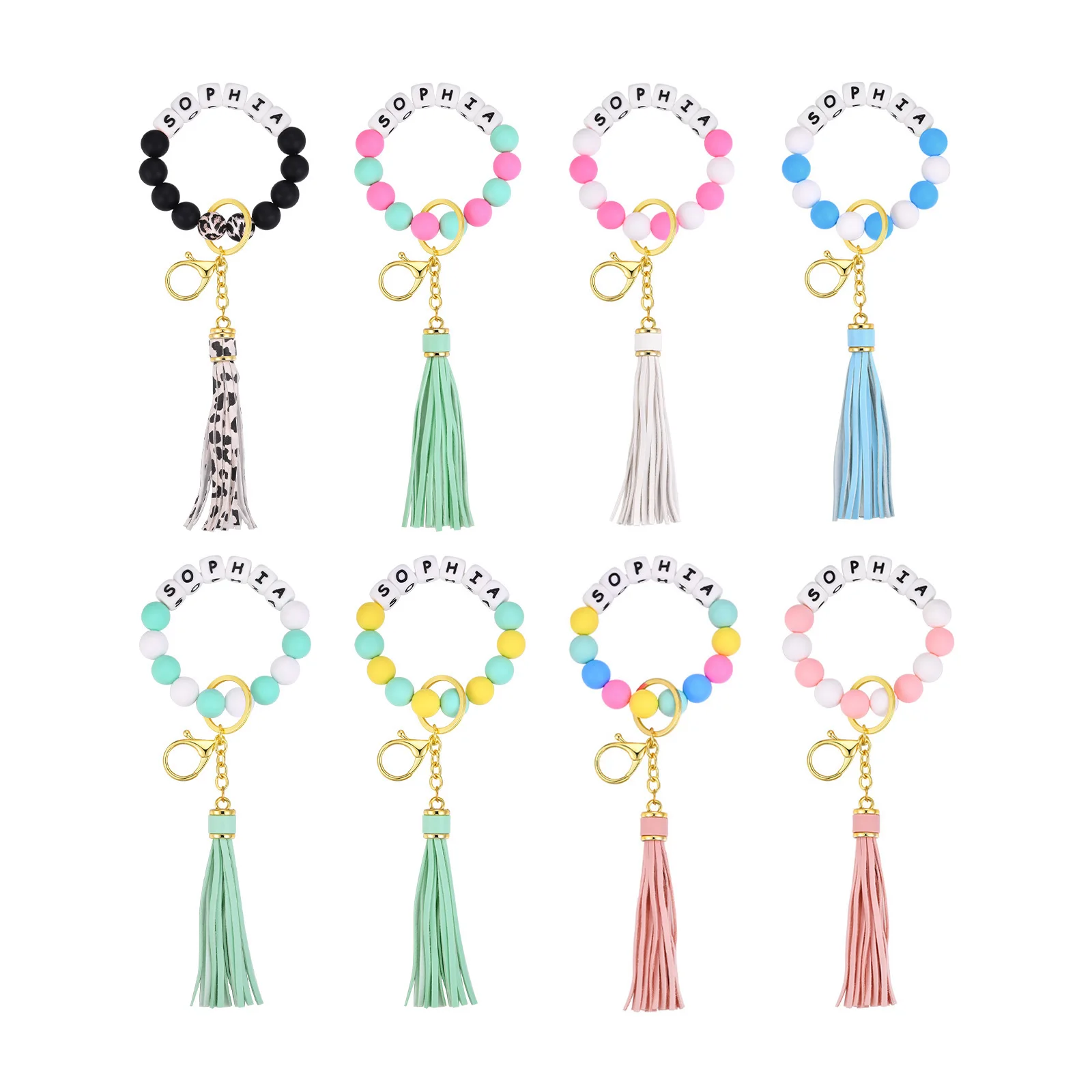 Personalized Name Keychain Bracelet Silicone Beaded Key Ring Wristlet Leather Tassel Wrist Key Ring Bangle Keyring for Women 1 5pcs wooden cone ring organizer bangle stand bracelet anklet jewelry display watch holder earring storage