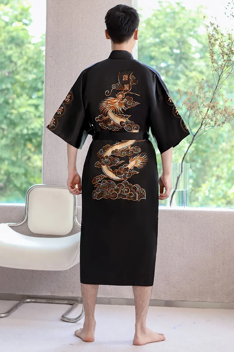 Sleepwear Men Robe Embroidery Dragon Summer Kimono Bath Gown Sexy Nightwear Loose Bathrobe Lingerie V-Neck Oversized Loungewear mens silk pajamas