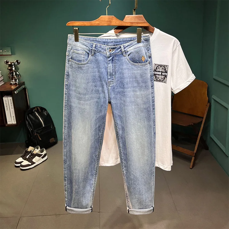 2024 New Summer Men's Jeans Stretch All-Matching Street Trend Youth Pencil Pants Haze Blue Cropped Pants