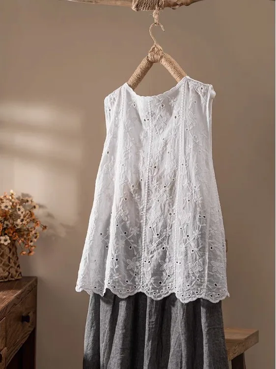 Pure Cotton Embroidered White Strapl Loose Fit Summer Top Women's Artistic Outerwear Meat Concealing Thin Sle Svel...