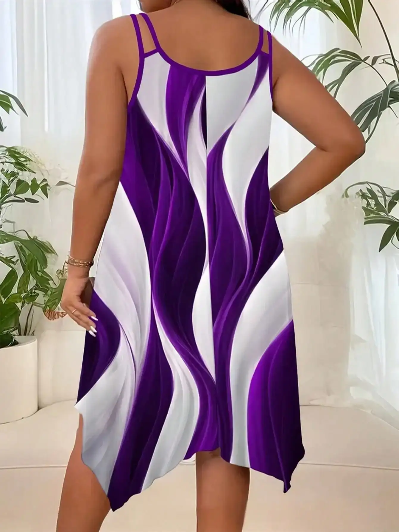Plus-size women's fashion asymmetrical geometric stripes printed double strap dress 3