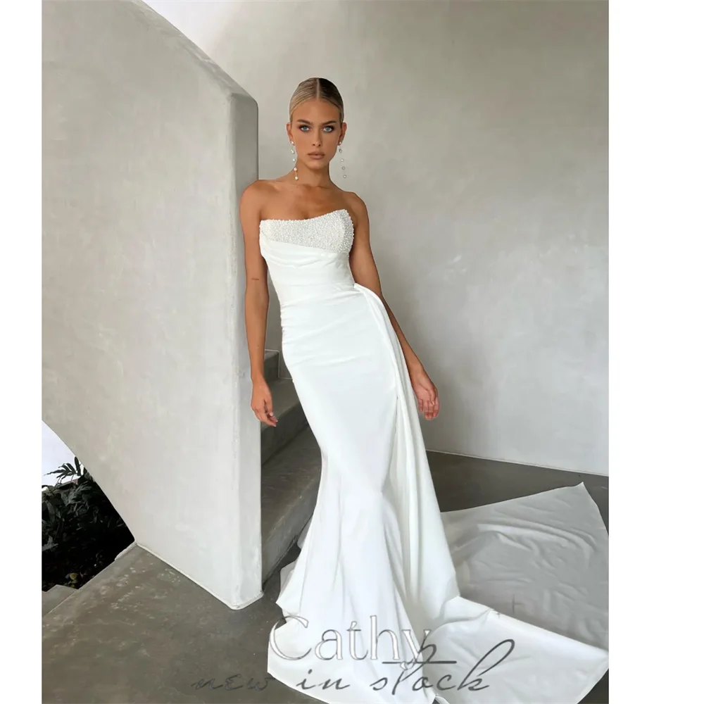 

Cathy Ivory White Prom Dresses Off Shoulder Evening Dress Elegant Sleeveless Long Train Side Split Wedding vestidos de fiesta