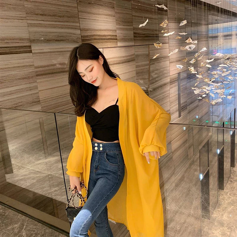 MEXZT 여름 여성 블라우스, 퍼프 소매 긴 쉬폰 자외선 차단 셔츠, 블랙 화이트, 루즈 캐주얼 자외선 차단 셔츠 상의, 가디건