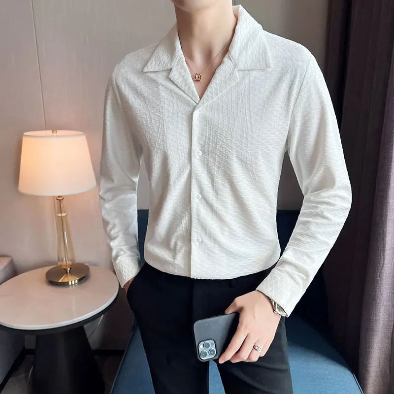 Men's Spring Luxury Solid Color Long Sleeve Shirts/Male Slim Fit High Quality Business V-Neck Casual Shirts Tops Plus Size S-4XL