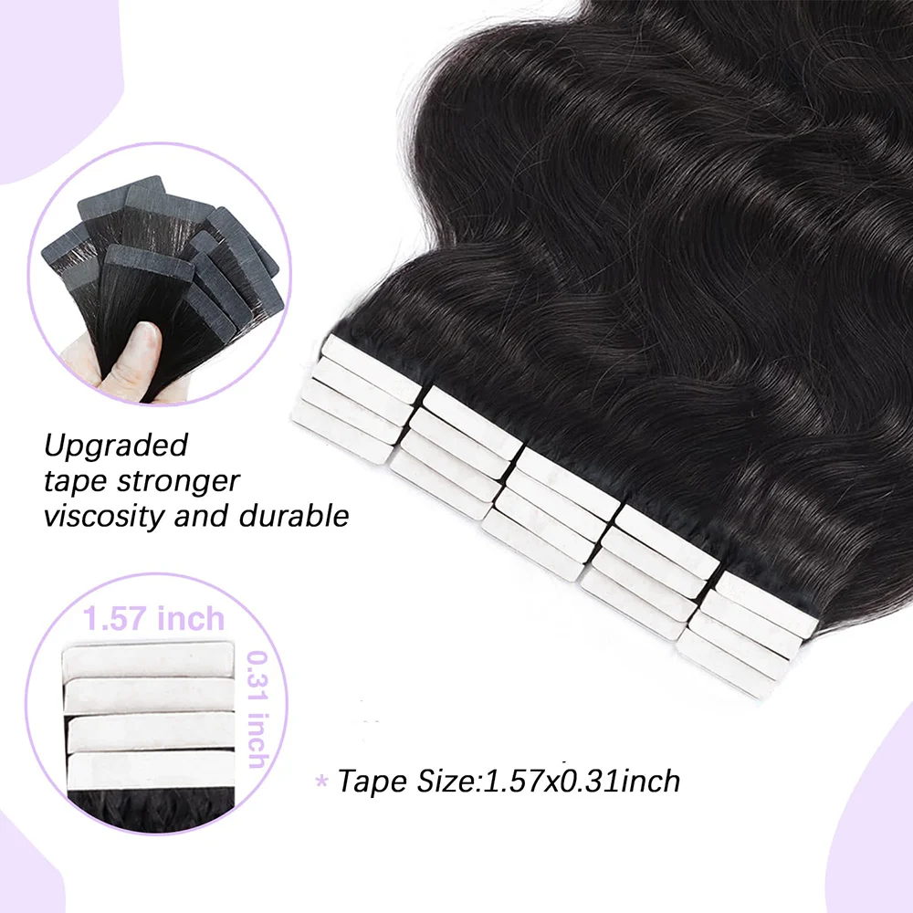Brazilian Natural Tape In Hair Extensions Body Wave Remy Human Hair Extension Invisible Seamless Adhesive 20Pcs/Pack For Woman