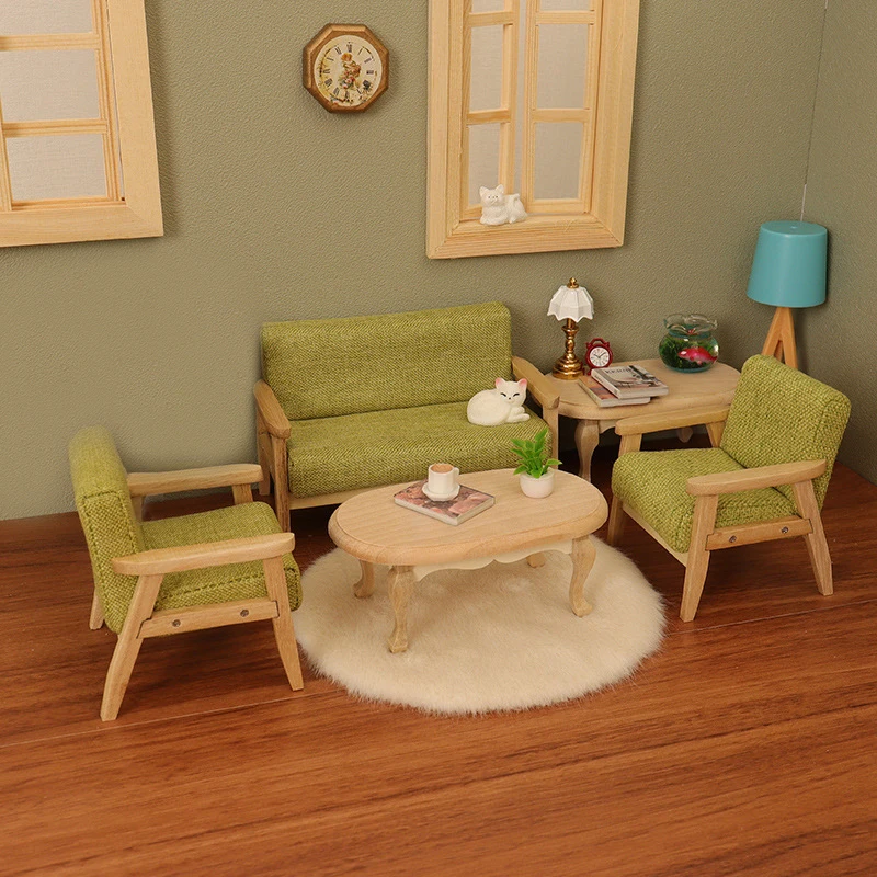 

3Pcs/set 1:12 Dollhouse Miniature Wooden Sofa Single Sofa Armchair Couch Carpet Cat Furniture Model Living Room Decor Toy