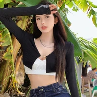 Lady Summer Low-cut Slim Fitting Sunscreen Crop Top Women Knitted Long Sleeve Cardigan Girls V-neck Streetwear Clothing 1