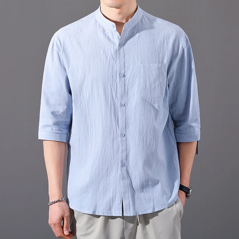 Three Quarter Sleeve Shirts Summer Cotton Linen Men's Solid Color Stand-Up Collar Casual Beach Style Shirt Tops