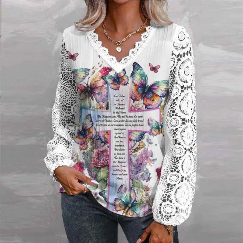 

Plus Size Women Long Sleeve V-neck Printed Graphic Butterfly Lace Tops