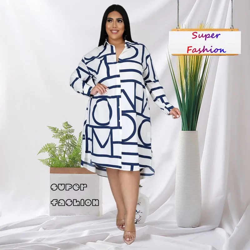 

WSFEC L-5XL 2023 Fall Outfits Female Plus Size Dresses Women Clothing Fashion Irregular Printing Casual Long Sleeve Shirt Dress